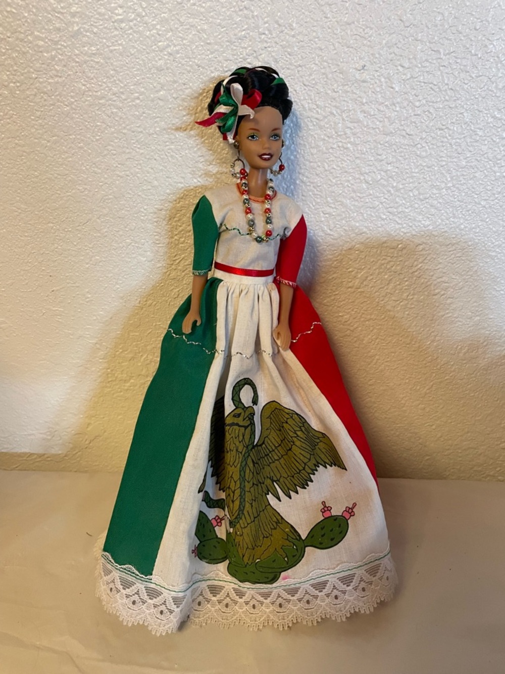 Doll in a Mexican Flag Theme Doll in Green White Red Dress